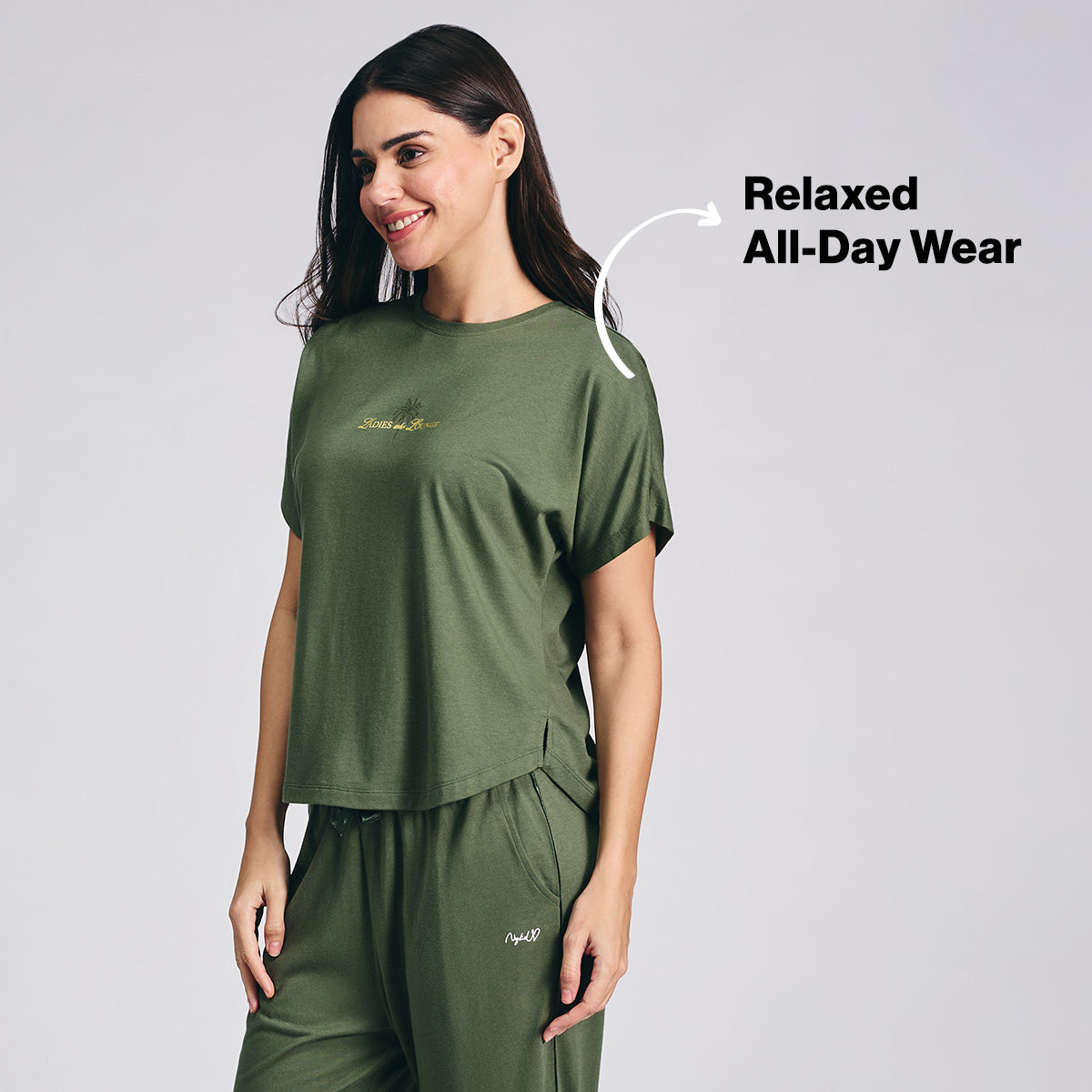 Nykd By Nykaa Buttery Soft Modal Cotton Pyjama Coord Set of 2 With Round Neck Graphic Tee Nys932 Olive