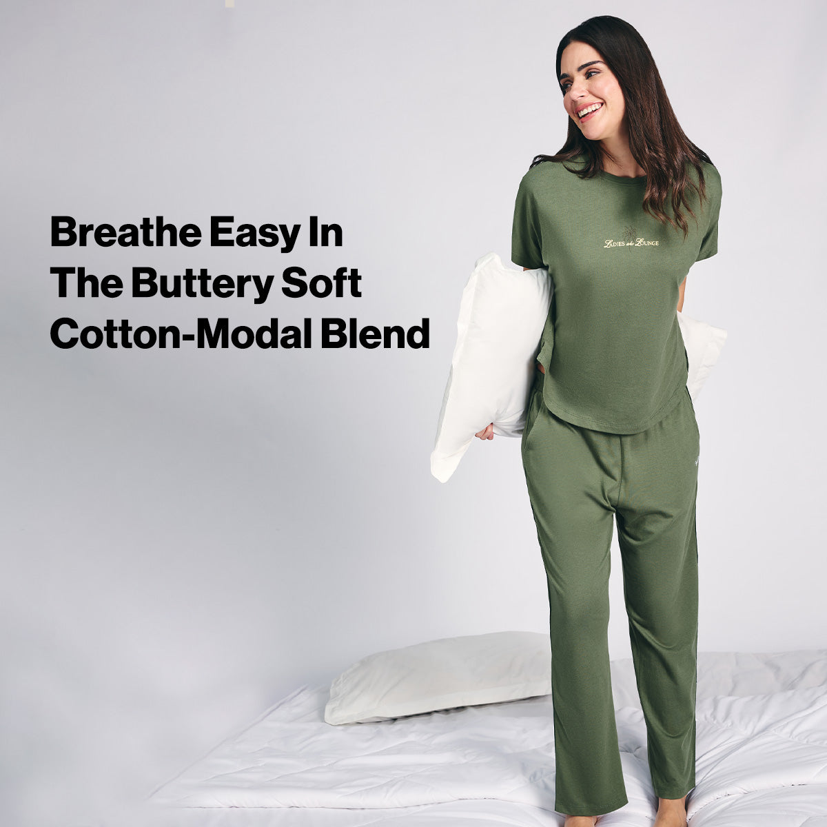 Nykd By Nykaa Buttery Soft Modal Cotton Pyjama Coord Set of 2 With Round Neck Graphic Tee Nys932 Olive