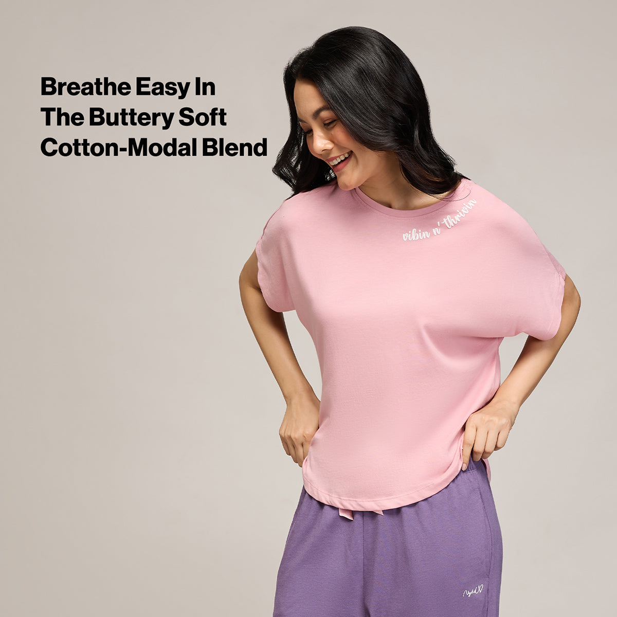 NYKD BY NYKAA BUTTERY SOFT MODAL COTTON PYJAMA COORD SET WITH ROUND NECK GRAPHIC TEE NYS932 PINK