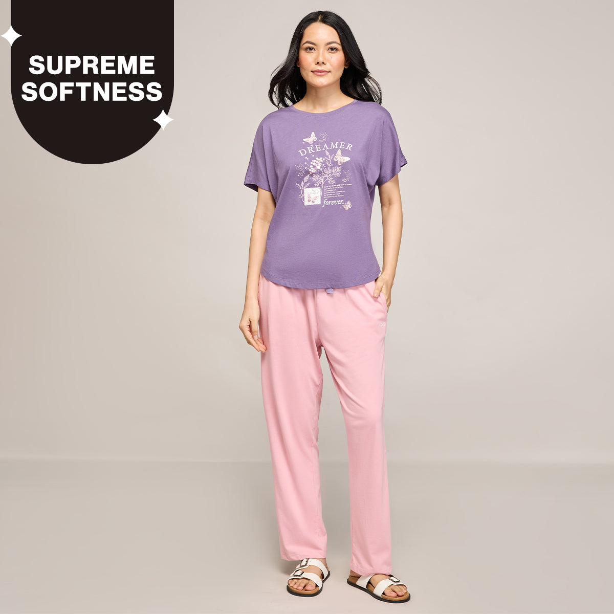 NYKD BY NYKAA BUTTERY SOFT MODAL COTTON PYJAMA COORD SET WITH ROUND NECK GRAPHIC TEE NYS932 PURPLE