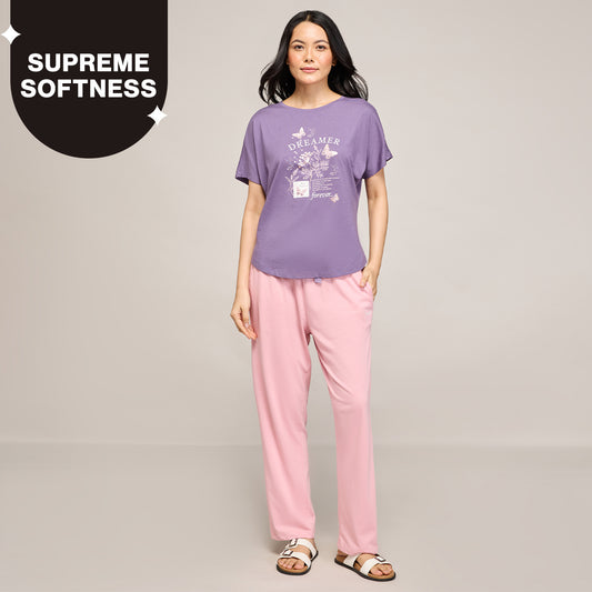 NYKD BY NYKAA BUTTERY SOFT MODAL COTTON PYJAMA COORD SET WITH ROUND NECK GRAPHIC TEE NYS932 PURPLE