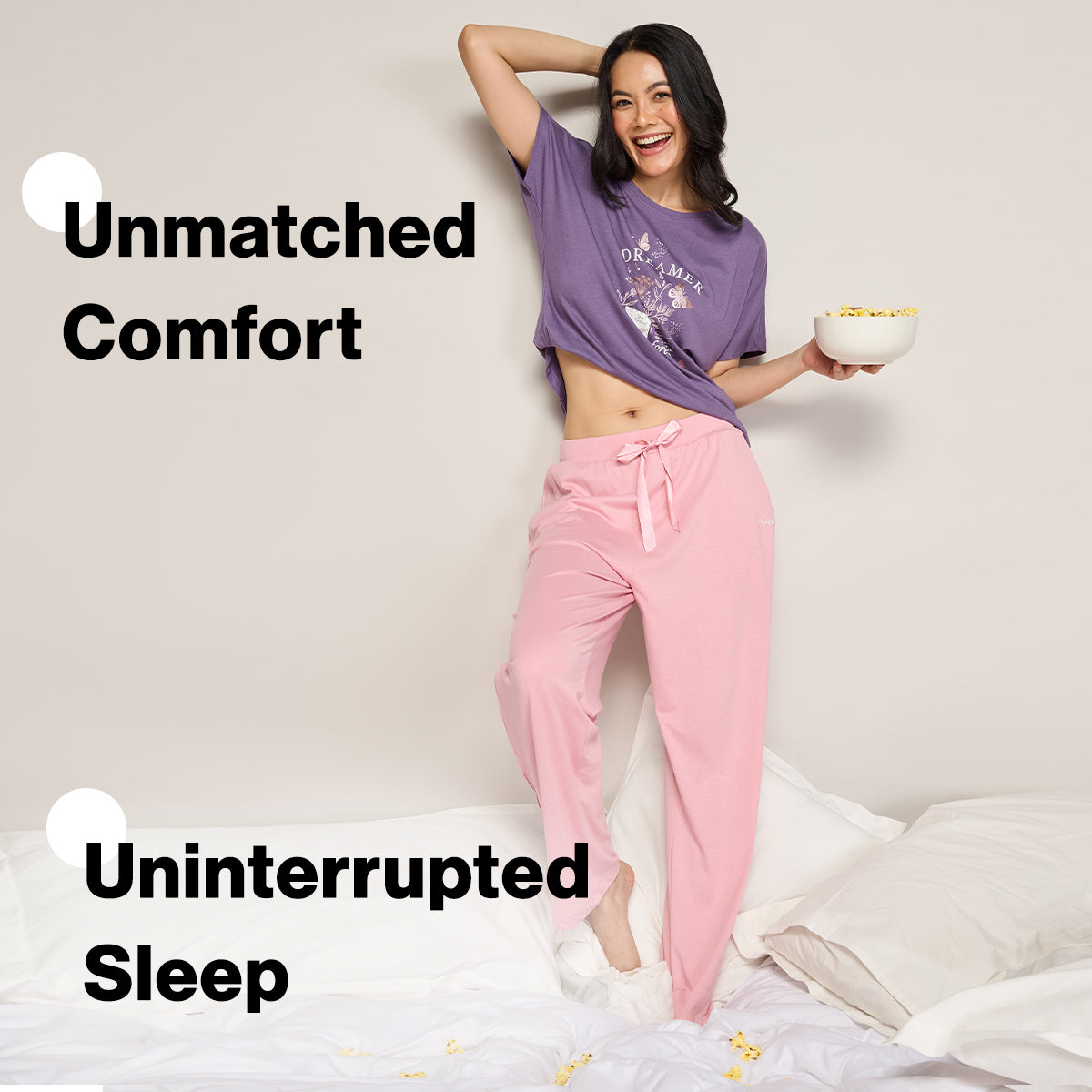 NYKD BY NYKAA BUTTERY SOFT MODAL COTTON PYJAMA COORD SET WITH ROUND NECK GRAPHIC TEE NYS932 PURPLE