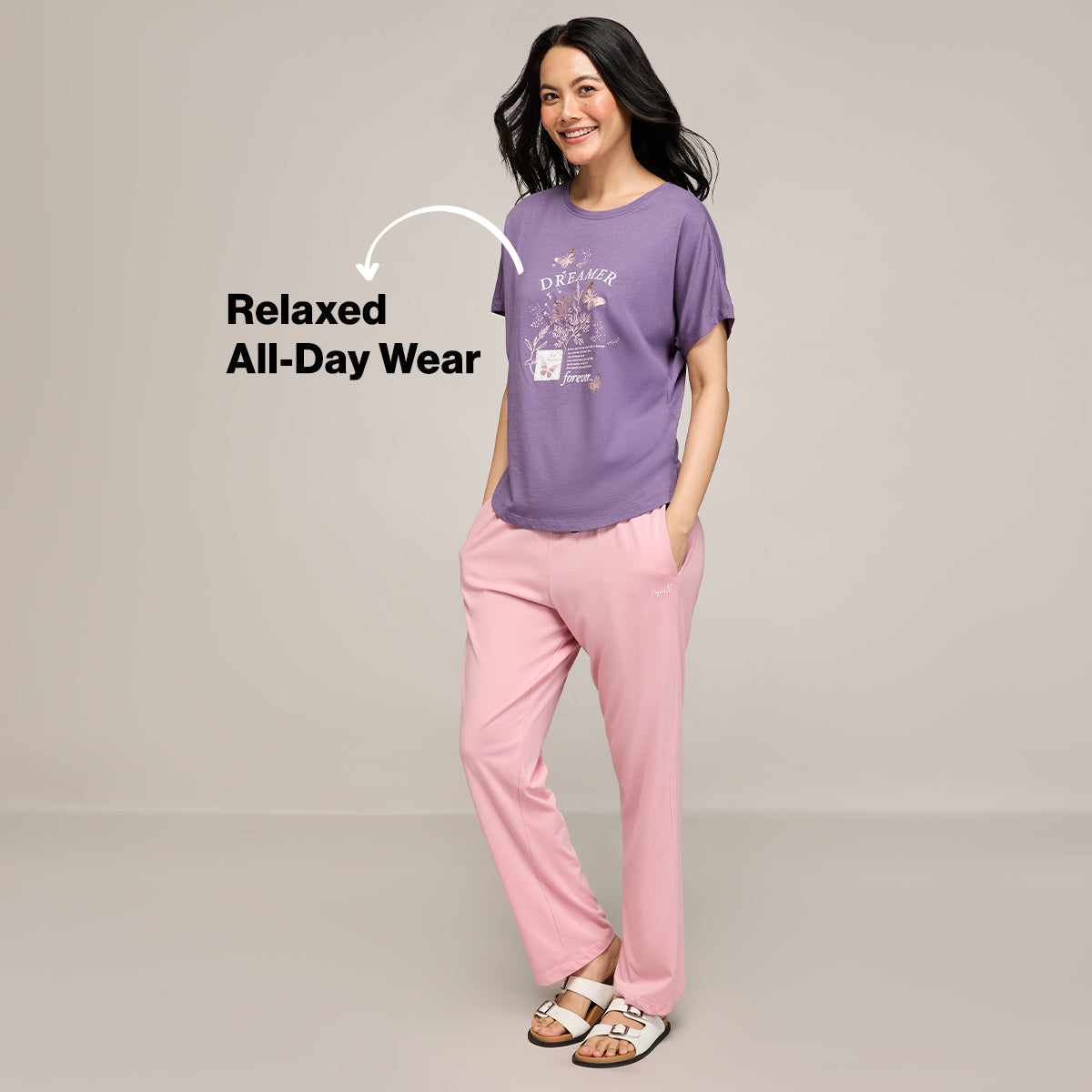 NYKD BY NYKAA BUTTERY SOFT MODAL COTTON PYJAMA COORD SET WITH ROUND NECK GRAPHIC TEE NYS932 PURPLE