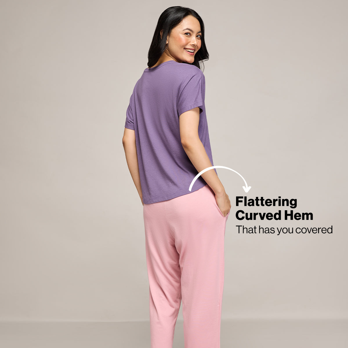 NYKD BY NYKAA BUTTERY SOFT MODAL COTTON PYJAMA COORD SET WITH ROUND NECK GRAPHIC TEE NYS932 PURPLE