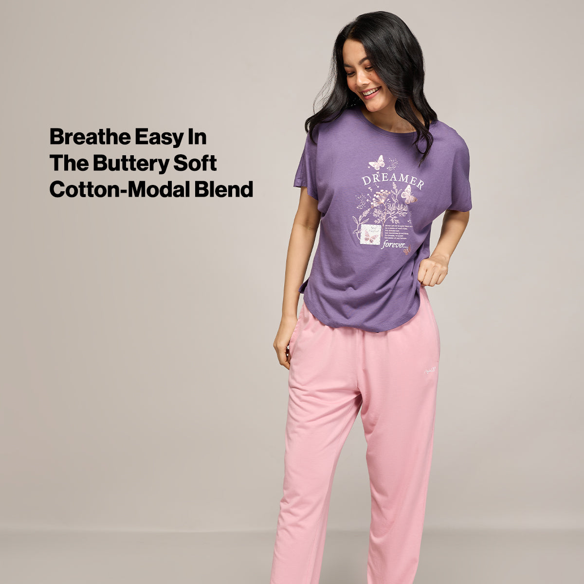 NYKD BY NYKAA BUTTERY SOFT MODAL COTTON PYJAMA COORD SET WITH ROUND NECK GRAPHIC TEE NYS932 PURPLE