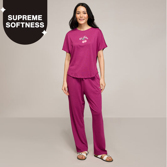 NYKD BY NYKAA BUTTERY SOFT MODAL COTTON PYJAMA COORD SET WITH ROUND NECK GRAPHIC TEE NYS932 WINE