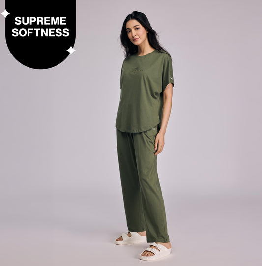 Nykd By Nykaa Buttery Soft Modal Cotton Pyjama Coord Set of 2 With Round Neck Graphic Tee Nys932 Olive