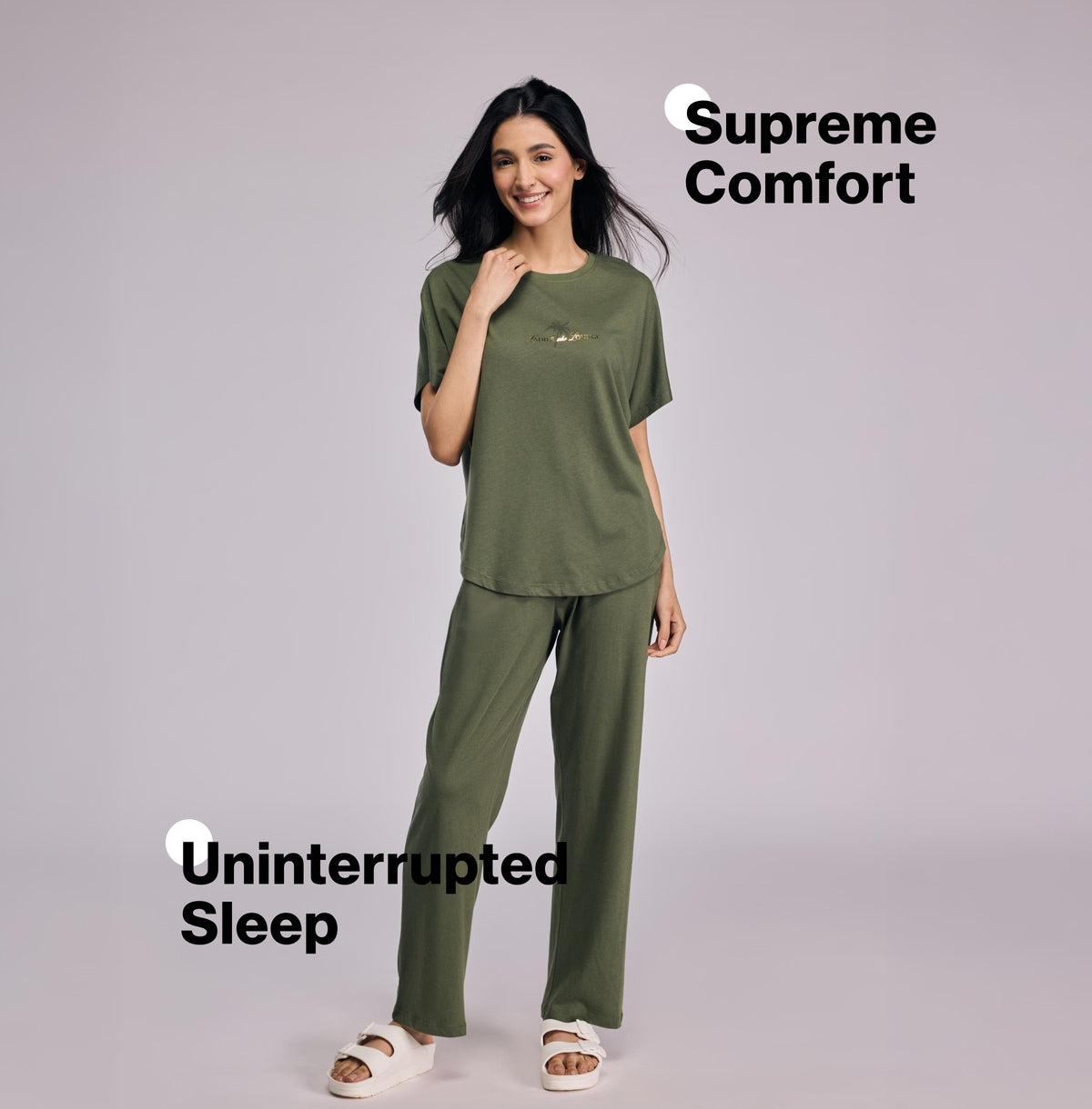 Nykd By Nykaa Buttery Soft Modal Cotton Pyjama Coord Set of 2 With Round Neck Graphic Tee Nys932 Olive
