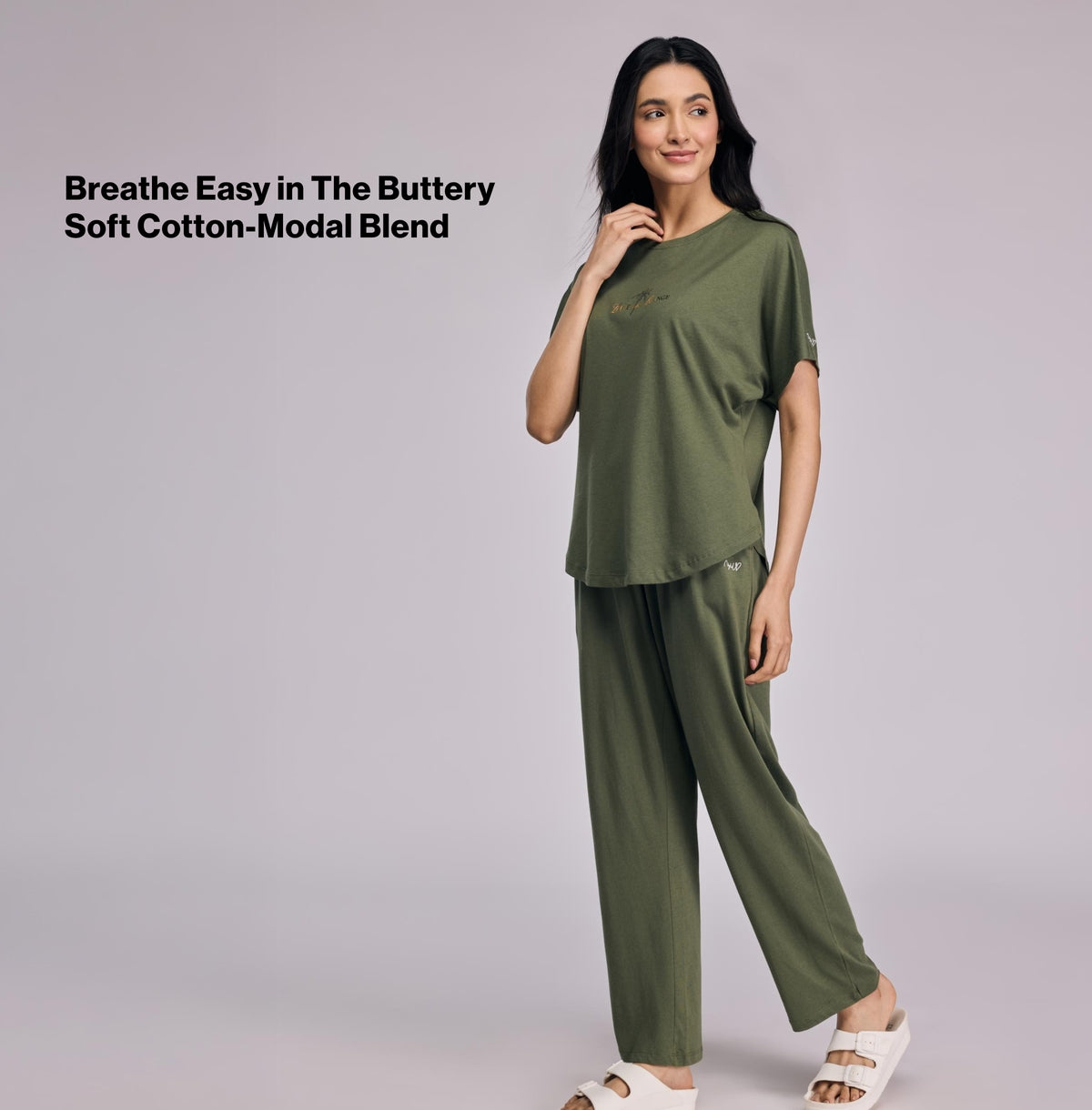 Nykd By Nykaa Buttery Soft Modal Cotton Pyjama Coord Set of 2 With Round Neck Graphic Tee Nys932 Olive