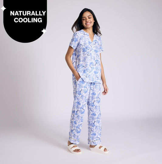 Nykd by Nykaa Breezy Rayon Pyjama Coord Set With Flattering High Low Hem Top Nys933 Blue Nautical