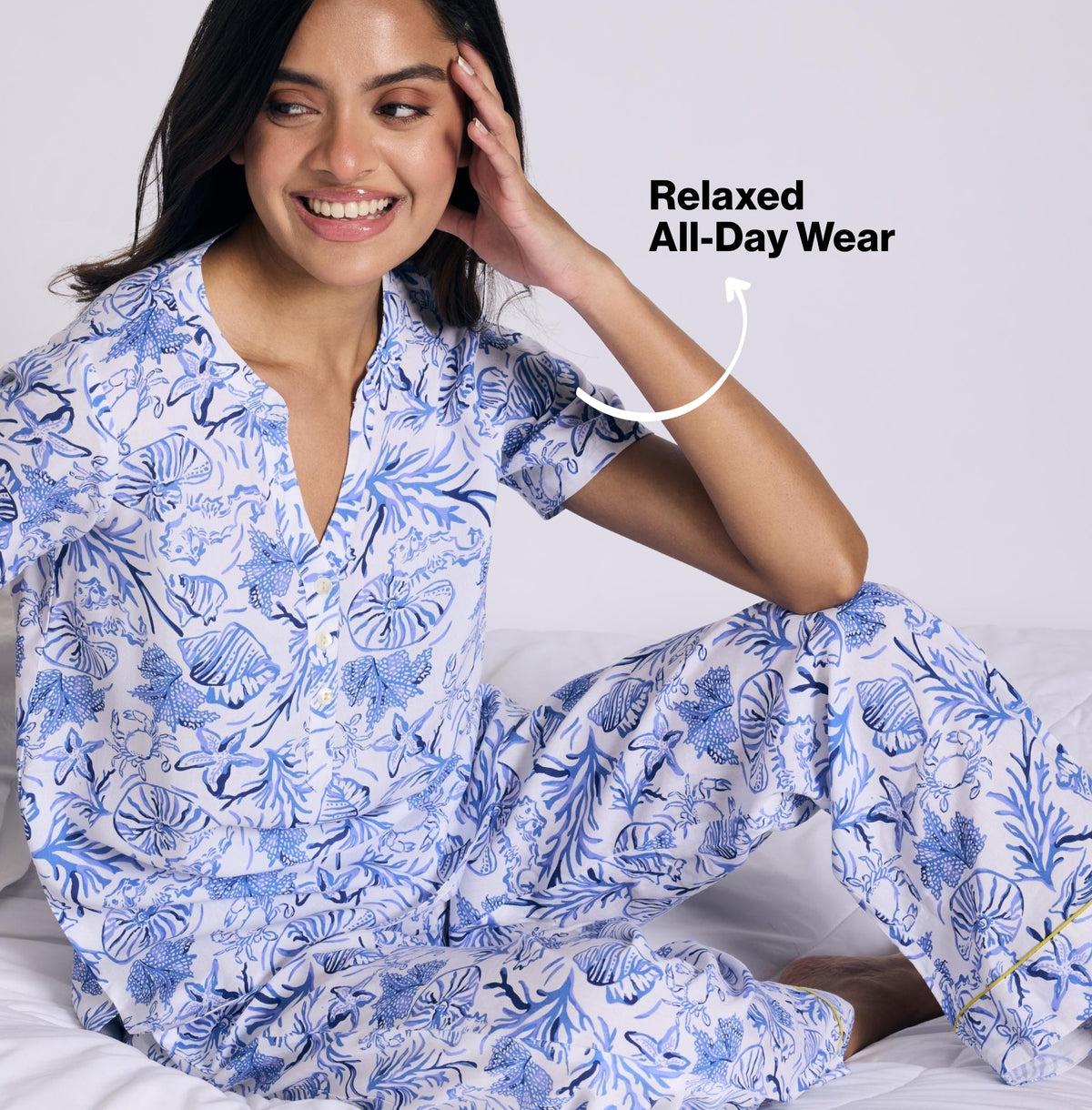 Nykd by Nykaa Breezy Rayon Pyjama Coord Set With Flattering High Low Hem Top Nys933 Blue Nautical