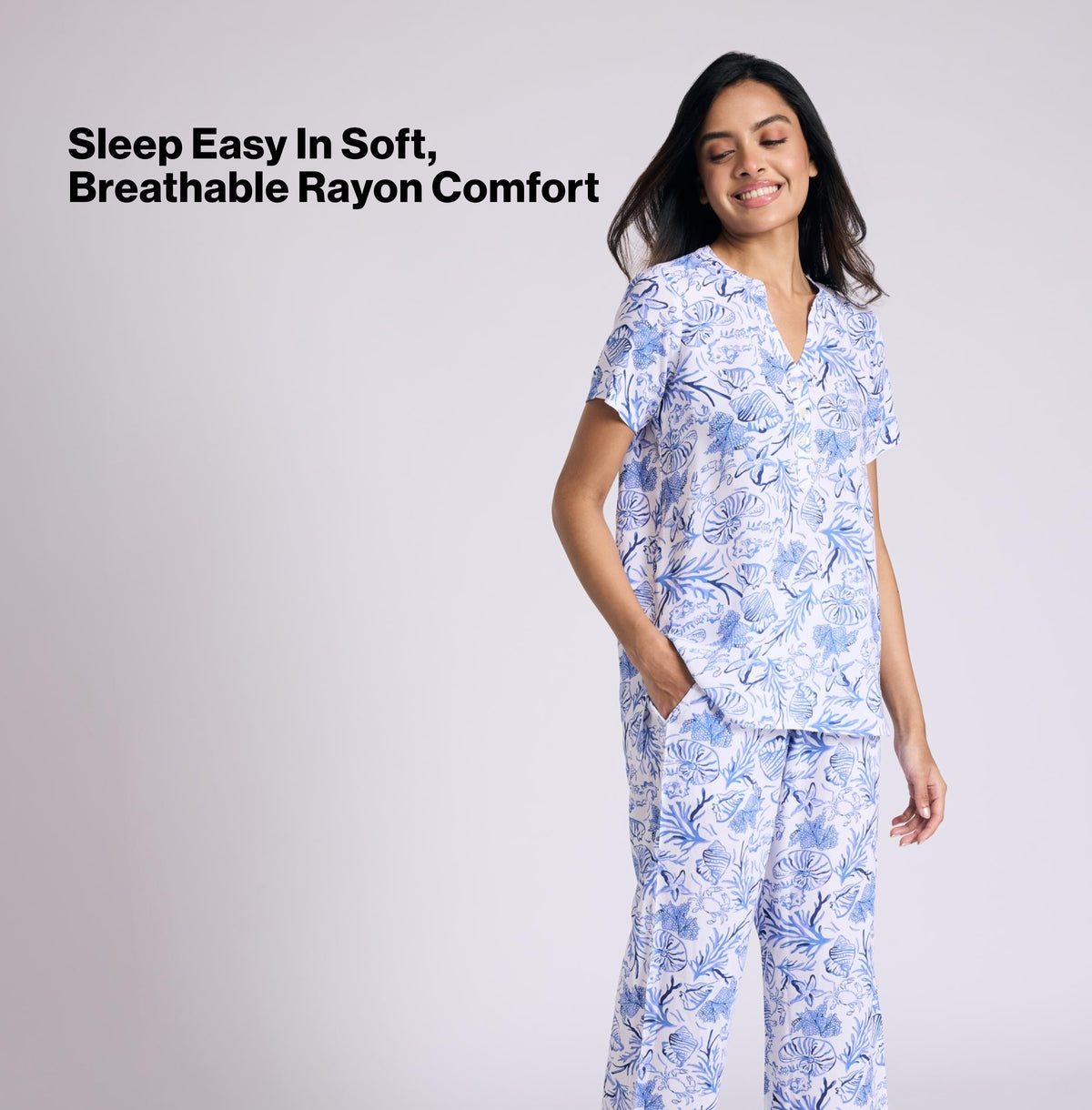 Nykd by Nykaa Breezy Rayon Pyjama Coord Set With Flattering High Low Hem Top Nys933 Blue Nautical