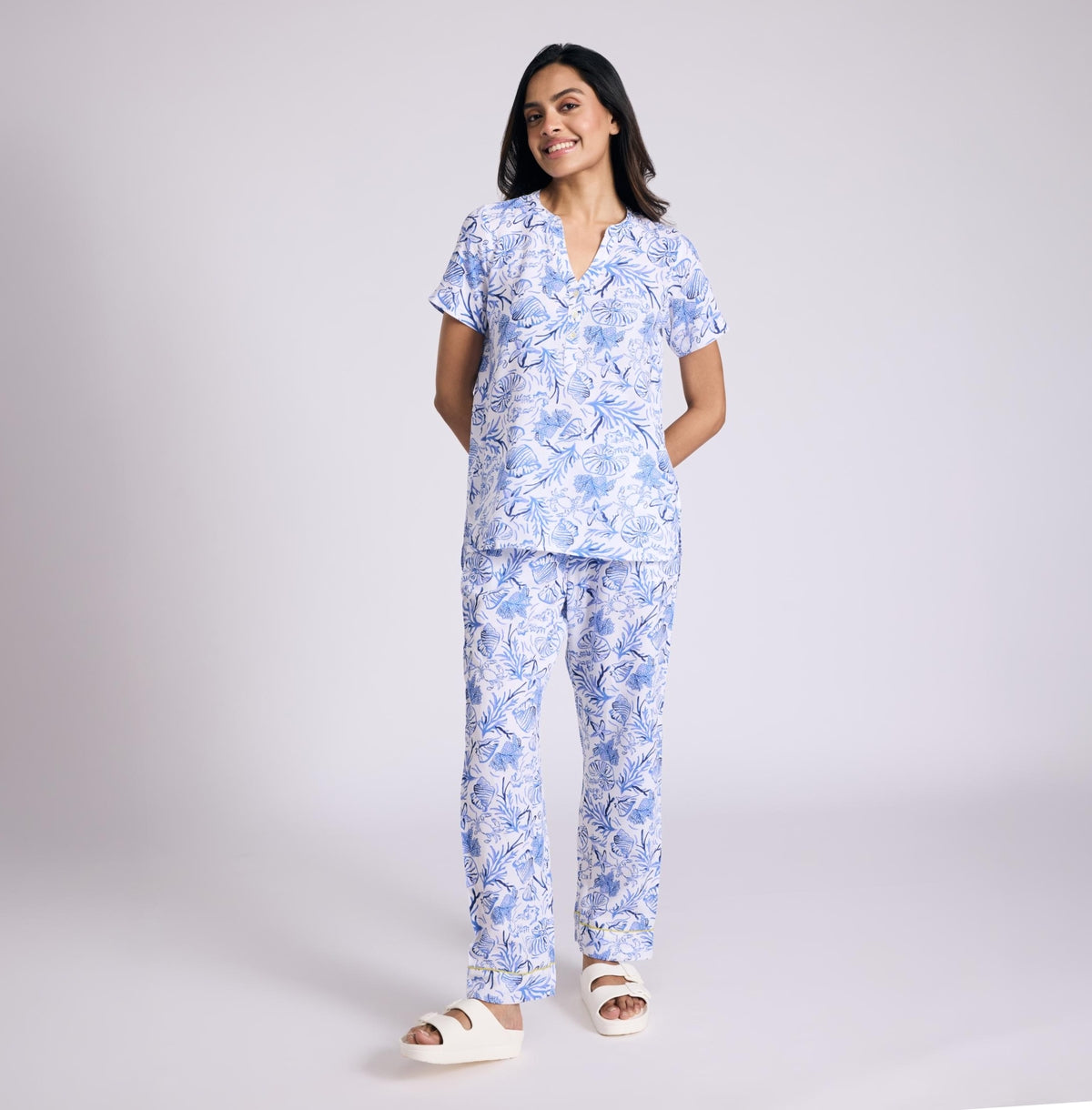 Nykd by Nykaa Breezy Rayon Pyjama Coord Set With Flattering High Low Hem Top Nys933 Blue Nautical
