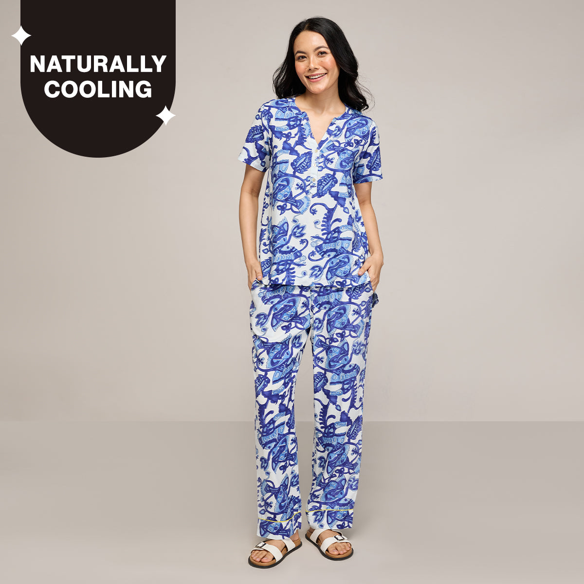 NYKD BY NYKAA BREEZY RAYON PYJAMA COORD SET WITH FLATTERING HIGH LOW HEM TOP NYS933 BLUE