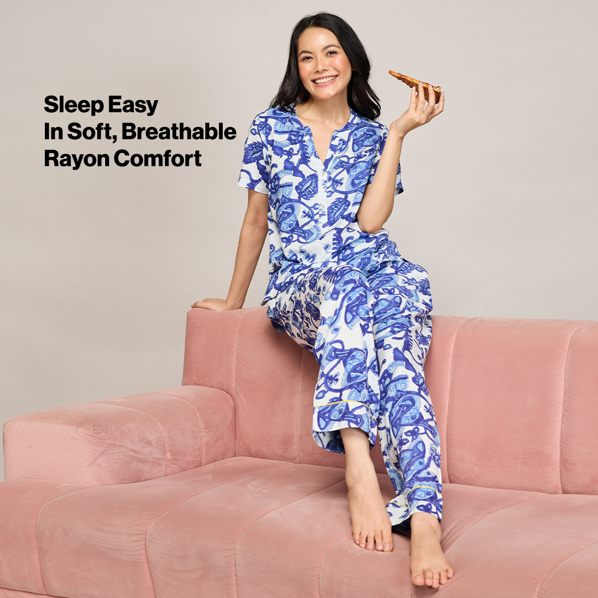 NYKD BY NYKAA BREEZY RAYON PYJAMA COORD SET WITH FLATTERING HIGH LOW HEM TOP NYS933 BLUE