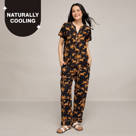 NYKD BY NYKAA BREEZY RAYON PYJAMA COORD SET WITH FLATTERING HIGH LOW HEM TOP NYS933 CHARCOAL
