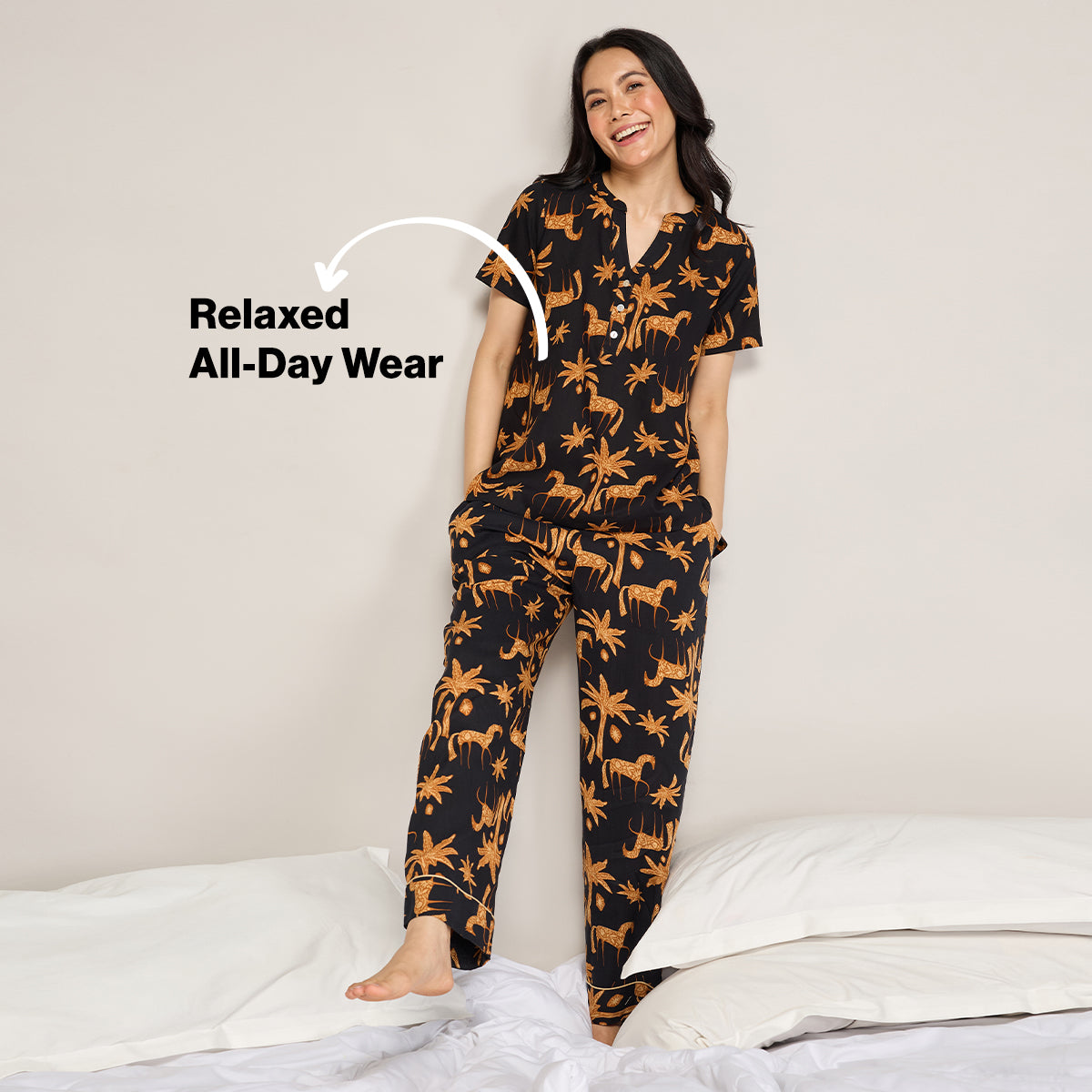 NYKD BY NYKAA BREEZY RAYON PYJAMA COORD SET WITH FLATTERING HIGH LOW HEM TOP NYS933 CHARCOAL