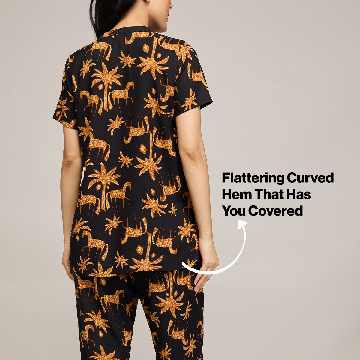 NYKD BY NYKAA BREEZY RAYON PYJAMA COORD SET WITH FLATTERING HIGH LOW HEM TOP NYS933 CHARCOAL