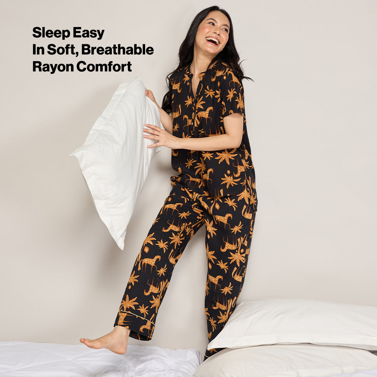 NYKD BY NYKAA BREEZY RAYON PYJAMA COORD SET WITH FLATTERING HIGH LOW HEM TOP NYS933 CHARCOAL