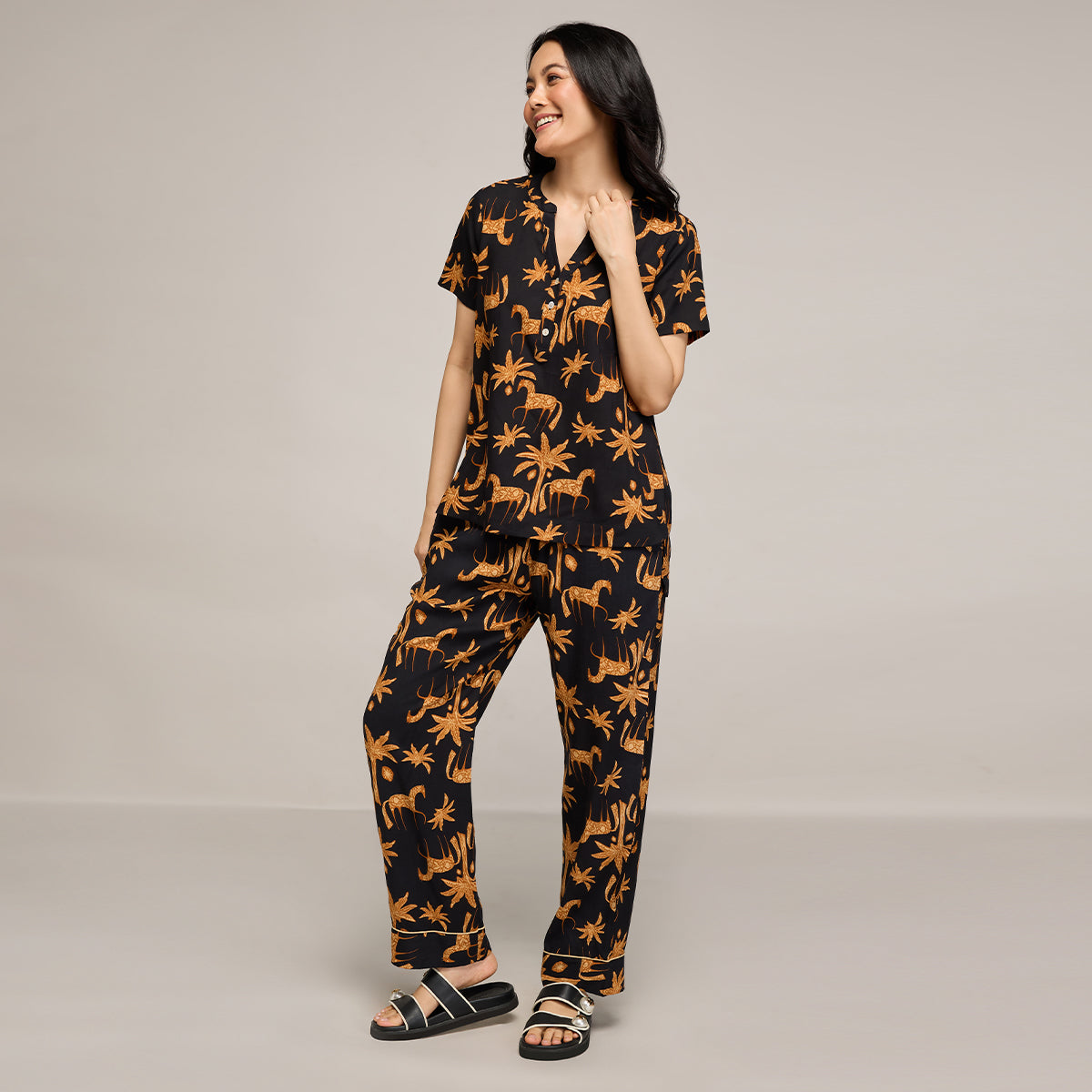 NYKD BY NYKAA BREEZY RAYON PYJAMA COORD SET WITH FLATTERING HIGH LOW HEM TOP NYS933 CHARCOAL