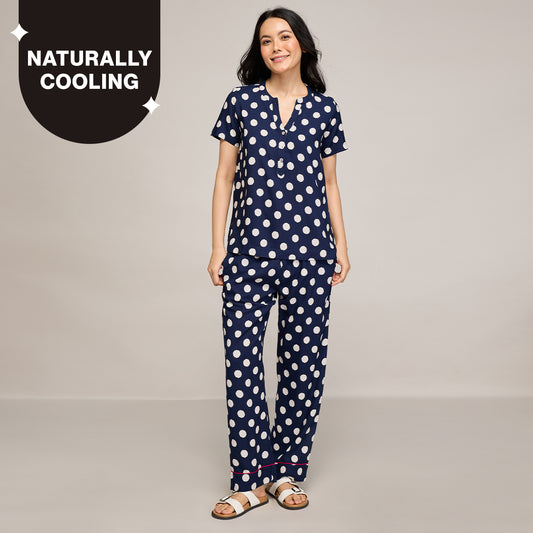 NYKD BY NYKAA BREEZY RAYON PYJAMA COORD SET WITH FLATTERING HIGH LOW HEM TOP NYS933 NAVY BLUE