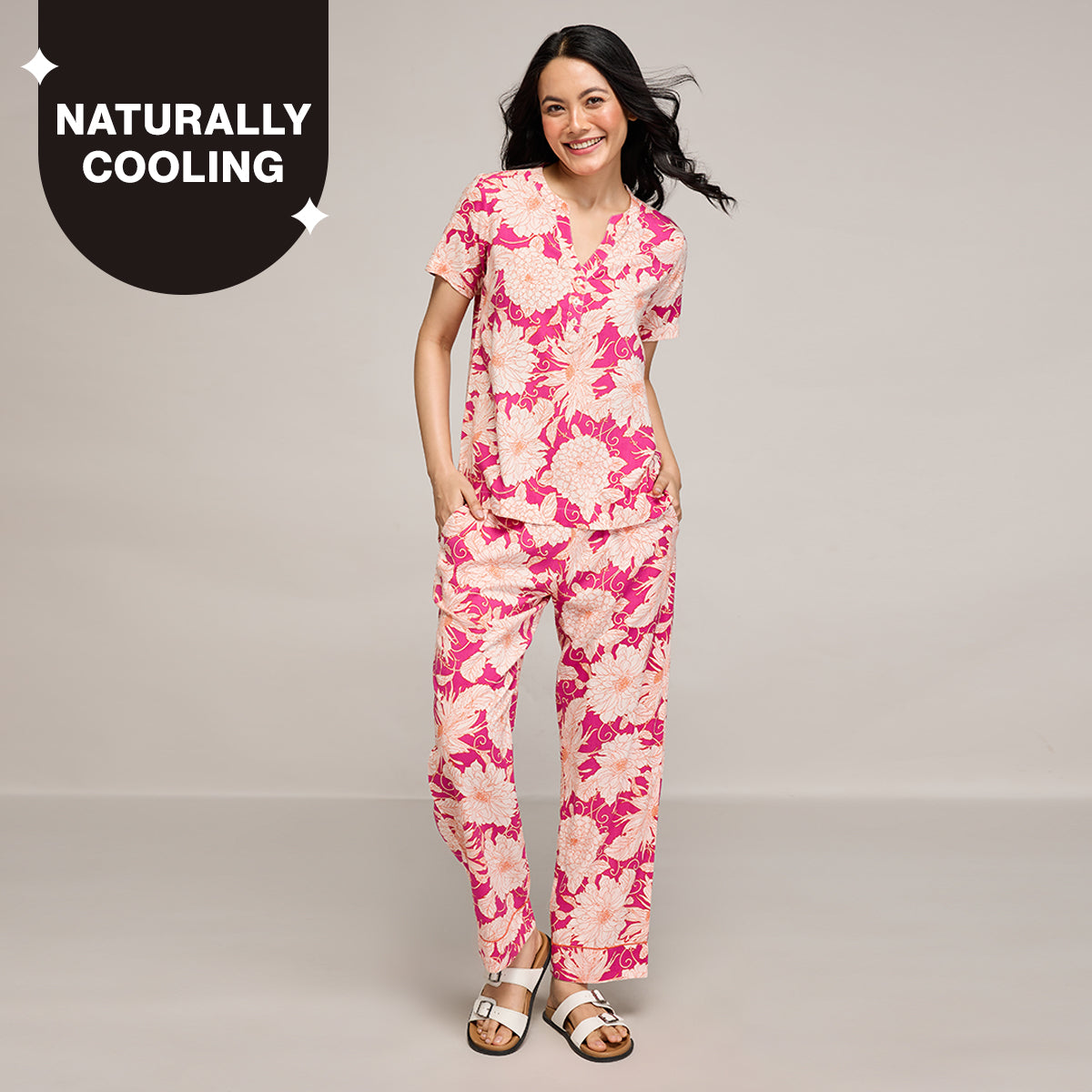 NYKD BY NYKAA BREEZY RAYON PYJAMA COORD SET WITH FLATTERING HIGH LOW HEM TOP NYS933 PINK