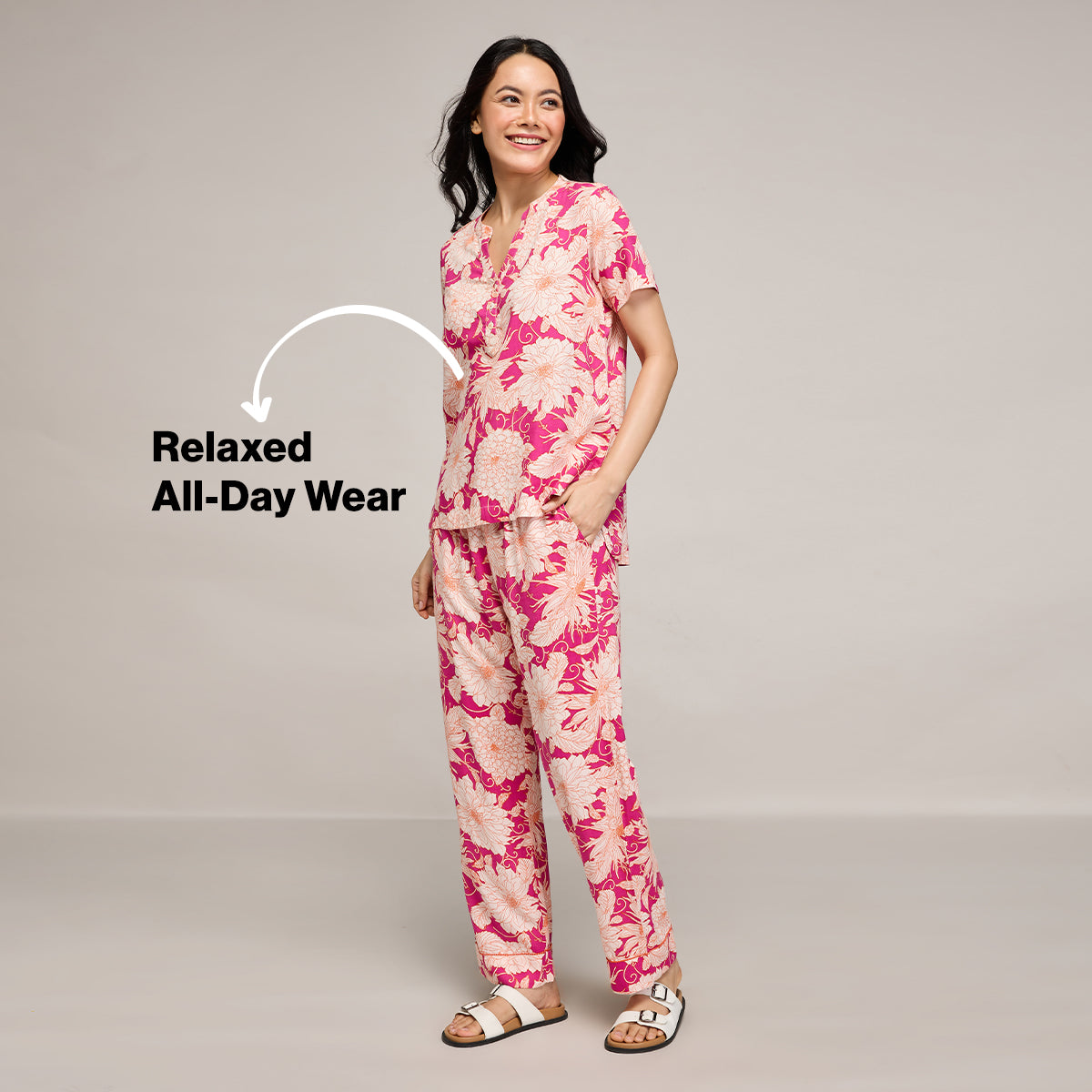 NYKD BY NYKAA BREEZY RAYON PYJAMA COORD SET WITH FLATTERING HIGH LOW HEM TOP NYS933 PINK