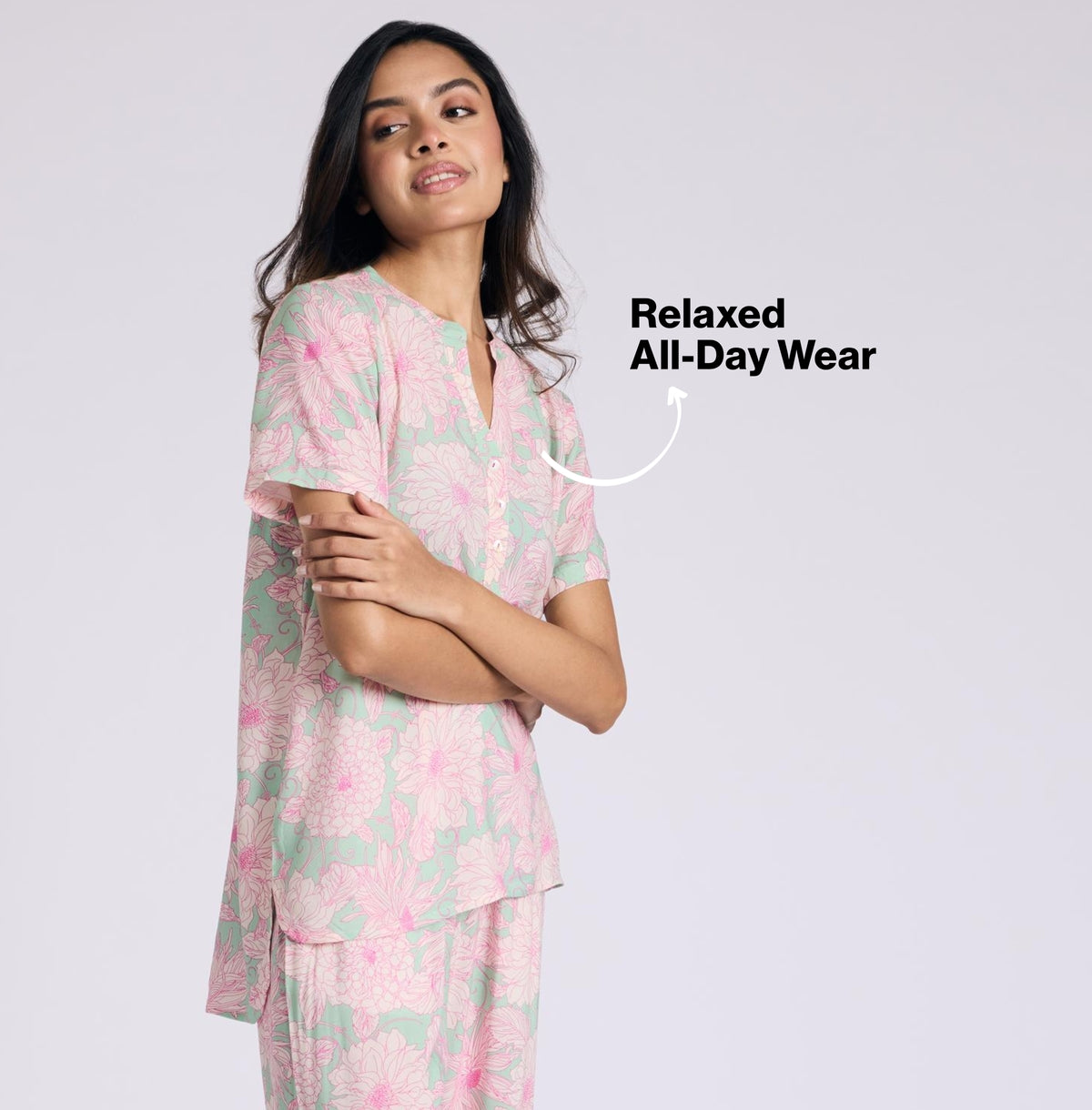 Nykd by Nykaa Breezy Rayon Pyjama Coord Set With Flattering High Low Hem Top Nys933 Green Floral