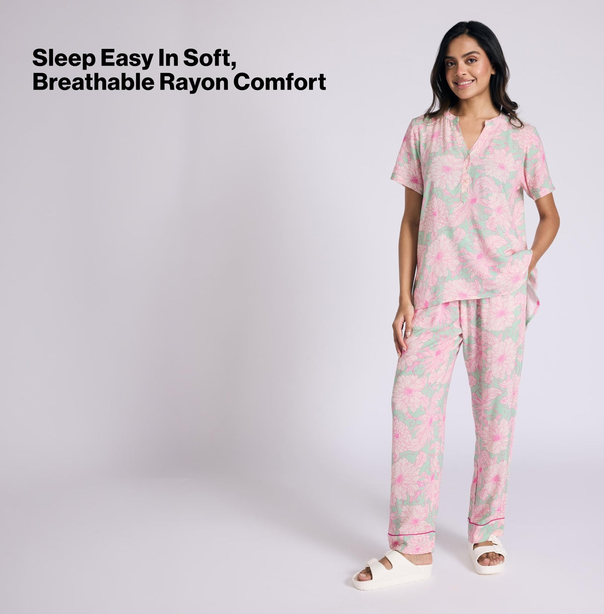 Nykd by Nykaa Breezy Rayon Pyjama Coord Set With Flattering High Low Hem Top Nys933 Green Floral