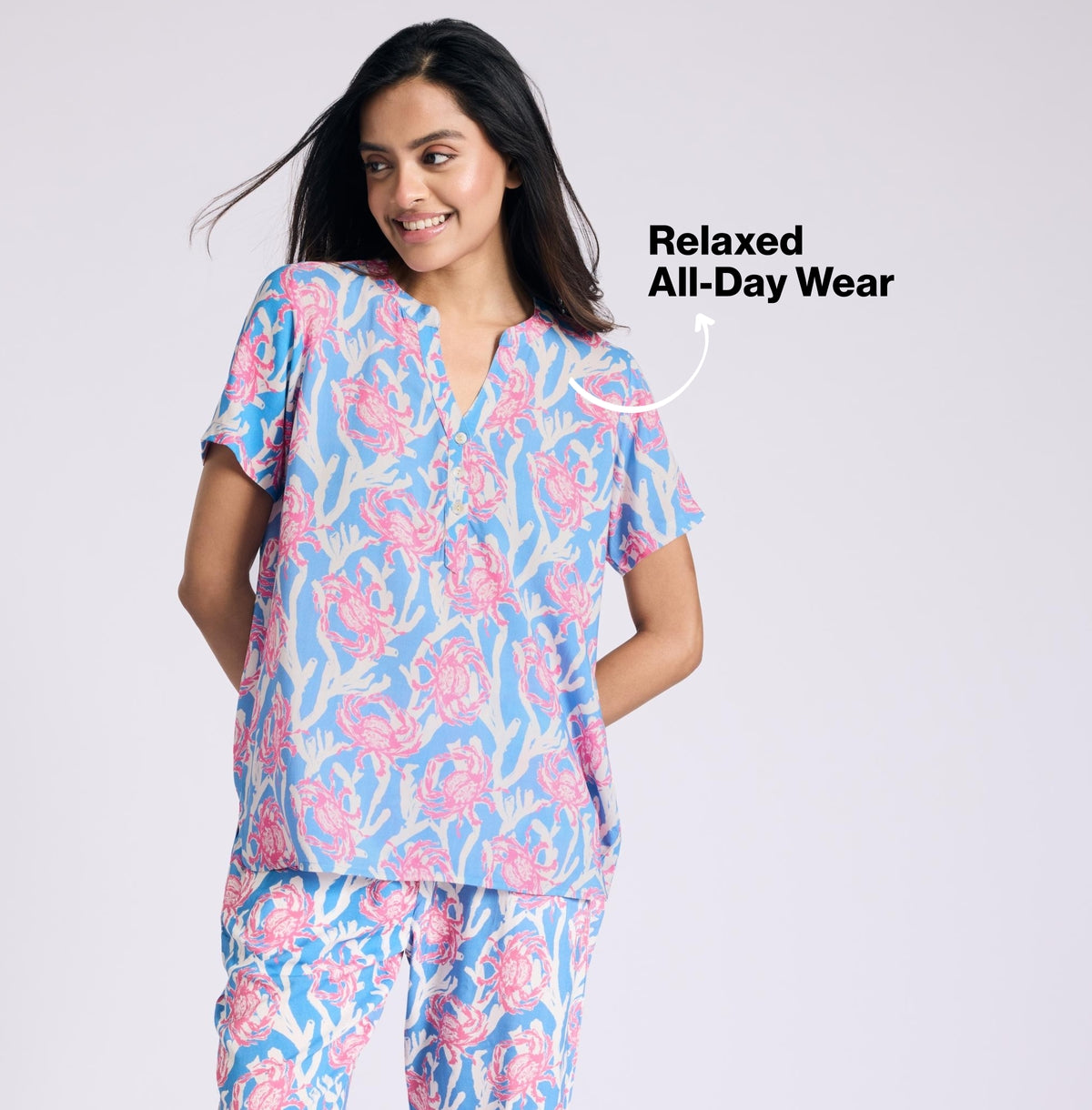 Nykd by Nykaa Breezy Rayon Pyjama Coord Set With Flattering High Low Hem Top Nys933 Pink Crab