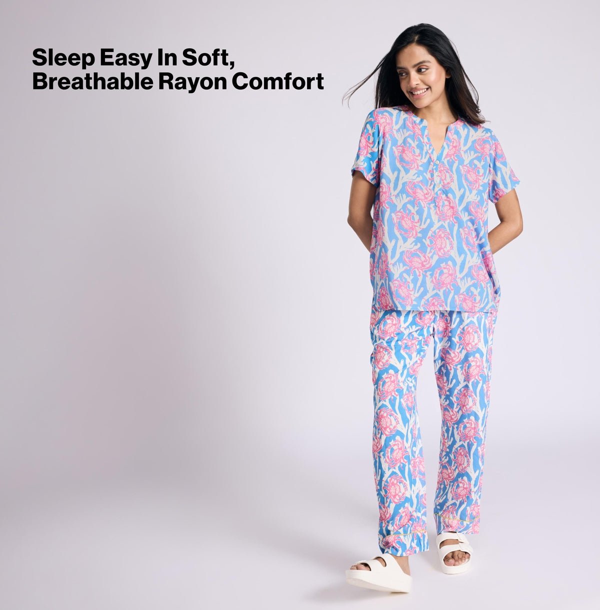 Nykd by Nykaa Breezy Rayon Pyjama Coord Set With Flattering High Low Hem Top Nys933 Pink Crab