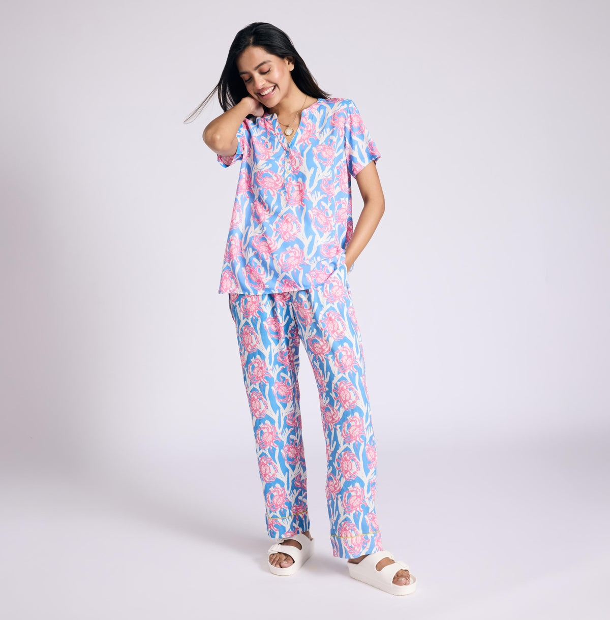 Nykd by Nykaa Breezy Rayon Pyjama Coord Set With Flattering High Low Hem Top Nys933 Pink Crab