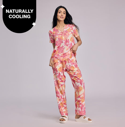 Nykd by Nykaa Breezy Rayon Pyjama Coord Set With Flattering High Low Hem Top Nys933 Pink Floral
