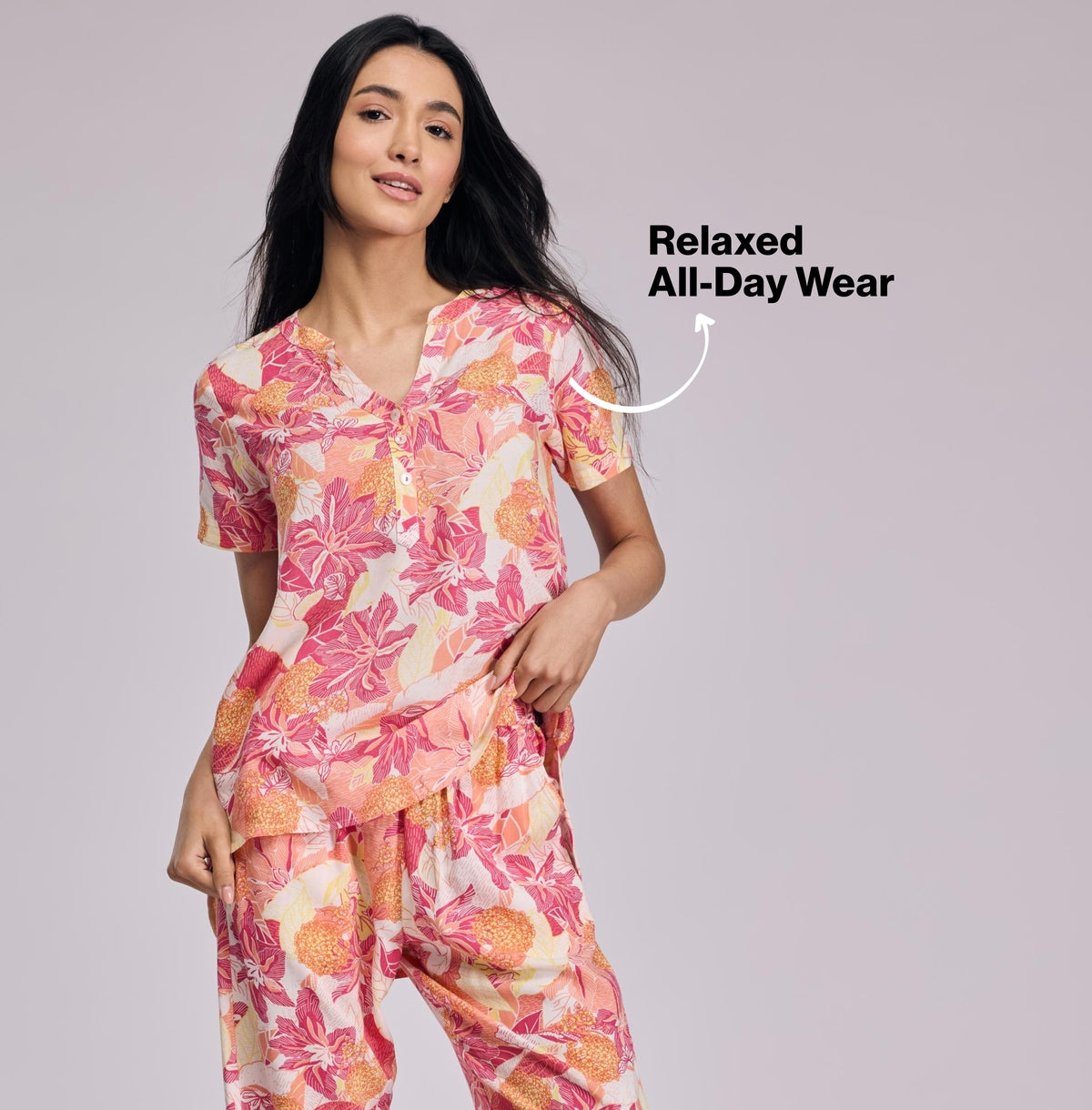 Nykd by Nykaa Breezy Rayon Pyjama Coord Set With Flattering High Low Hem Top Nys933 Pink Floral
