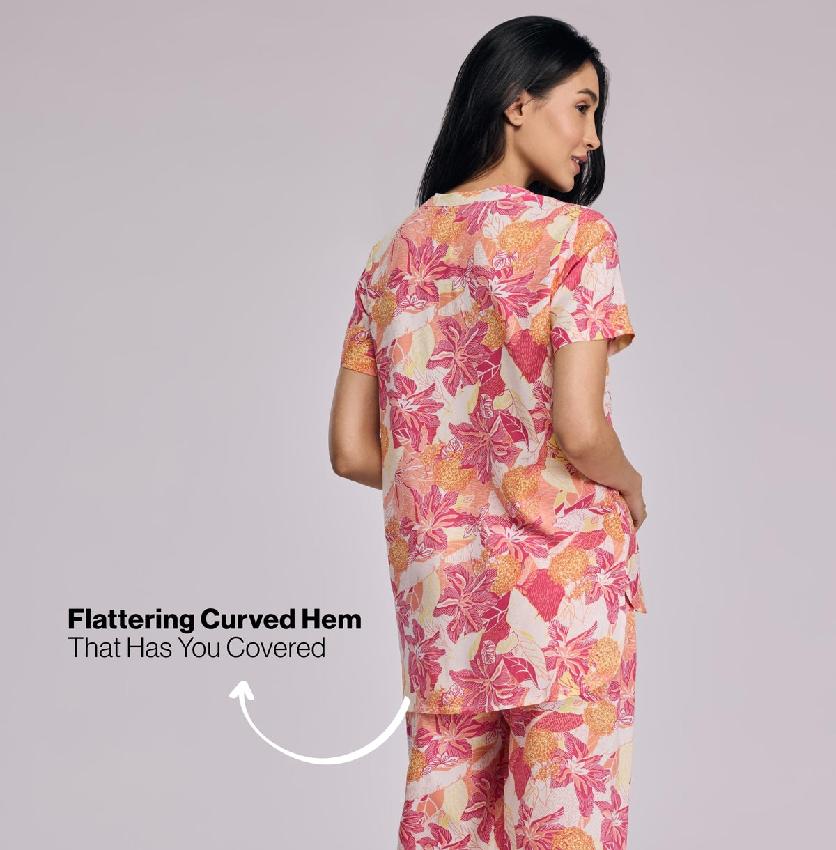 Nykd by Nykaa Breezy Rayon Pyjama Coord Set With Flattering High Low Hem Top Nys933 Pink Floral