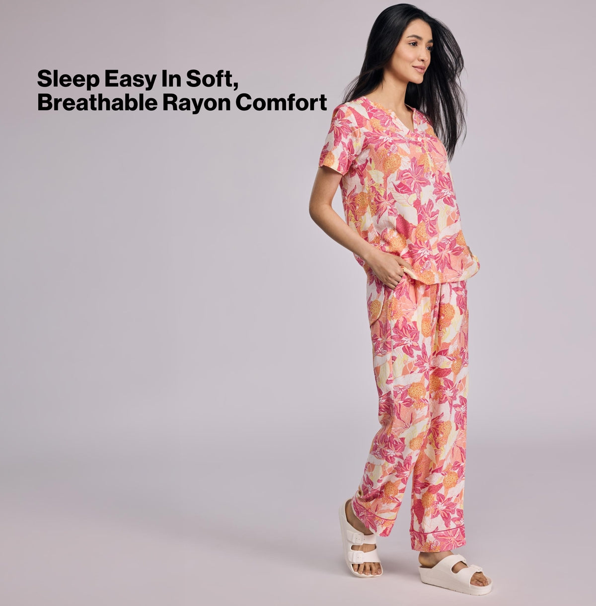 Nykd by Nykaa Breezy Rayon Pyjama Coord Set With Flattering High Low Hem Top Nys933 Pink Floral