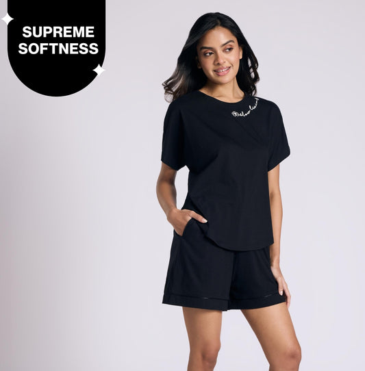 "Nykd by Nykaa Buttery Soft Modal Cotton Shorts Coord Set With Round Neck Graphic Tee Nys940 Black Slow"