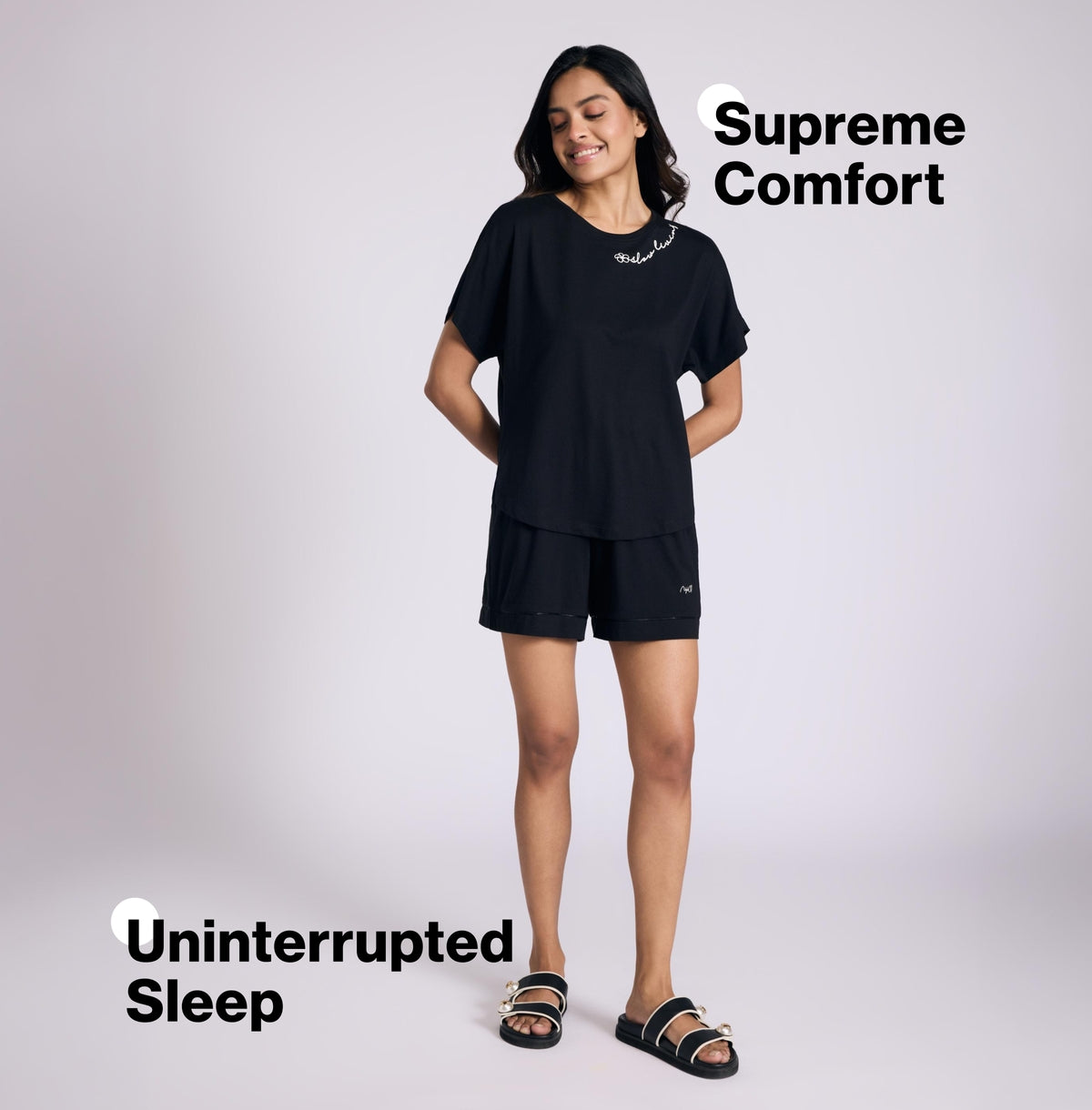 Nykd by Nykaa Buttery Soft Modal Cotton Shorts Coord Set With Round Neck Graphic Tee Nys940 Black Slow