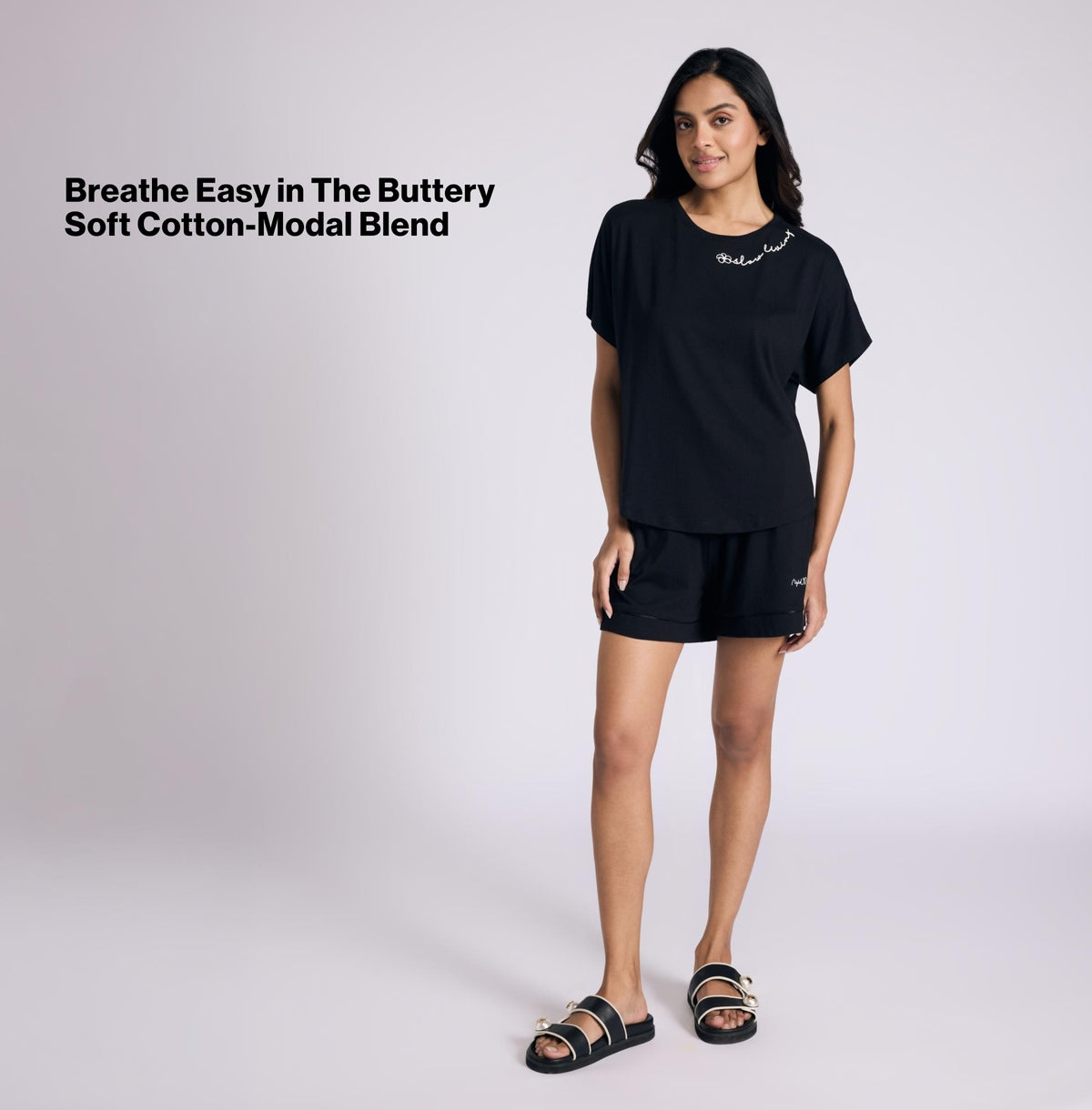 Nykd by Nykaa Buttery Soft Modal Cotton Shorts Coord Set With Round Neck Graphic Tee Nys940 Black Slow