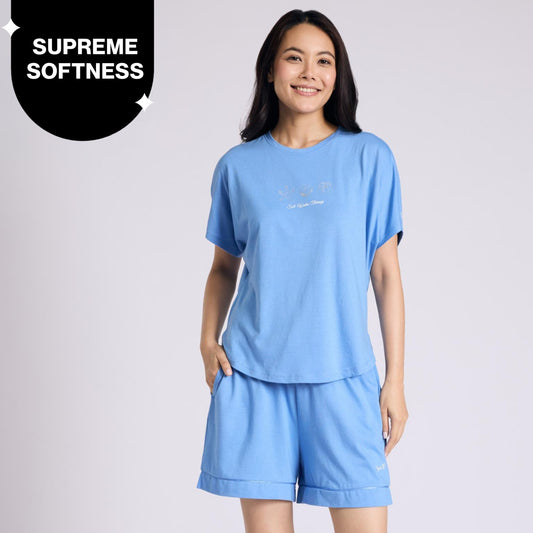 Nykd by Nykaa Buttery Soft Modal Cotton Shorts Coord Set With Round Neck Graphic Tee Nys940 Blue Nautical