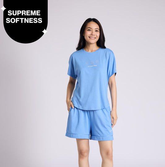 "Nykd by Nykaa Buttery Soft Modal Cotton Shorts Coord Set With Round Neck Graphic Tee Nys940 Blue Nautical"