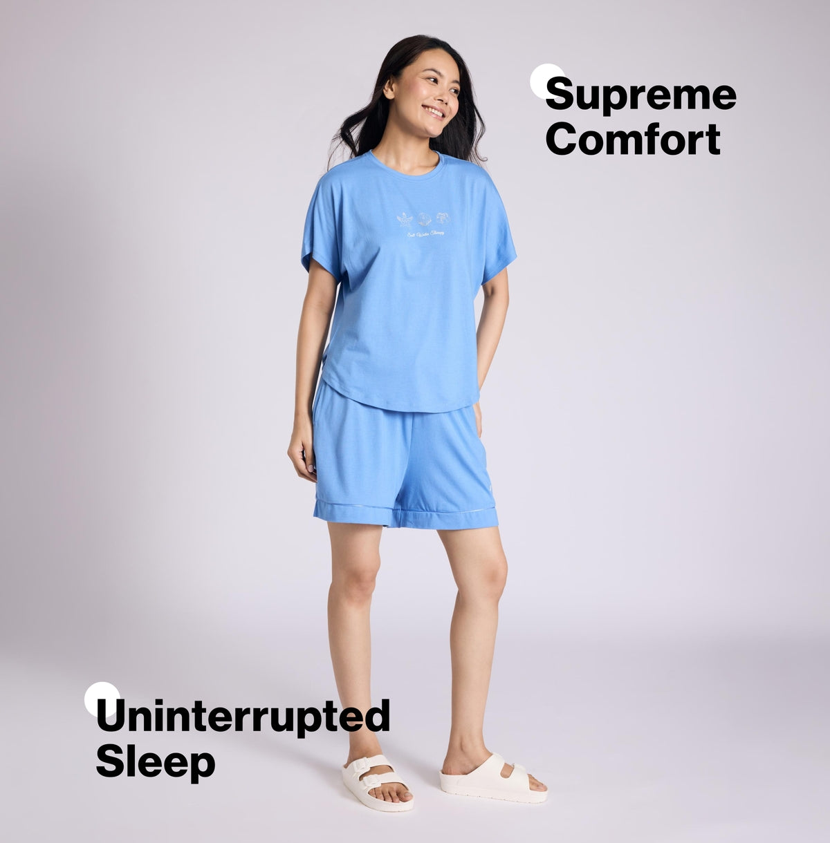 Nykd by Nykaa Buttery Soft Modal Cotton Shorts Coord Set With Round Neck Graphic Tee Nys940 Blue Nautical