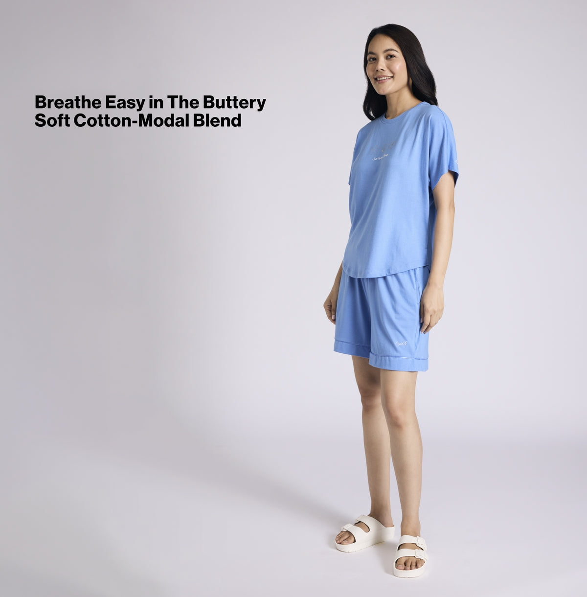 Nykd by Nykaa Buttery Soft Modal Cotton Shorts Coord Set With Round Neck Graphic Tee Nys940 Blue Nautical