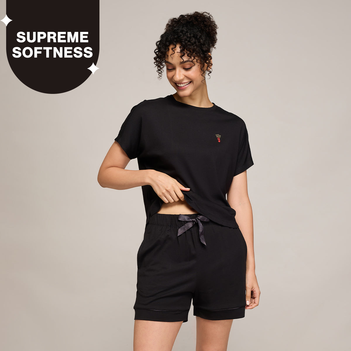 NYKD BY NYKAA BUTTERY SOFT MODAL COTTON SHORTS COORD SET WITH ROUND NECK GRAPHIC TEE NYS940 BLACK