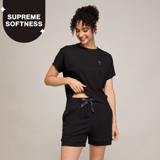 NYKD BY NYKAA BUTTERY SOFT MODAL COTTON SHORTS COORD SET WITH ROUND NECK GRAPHIC TEE NYS940 BLACK