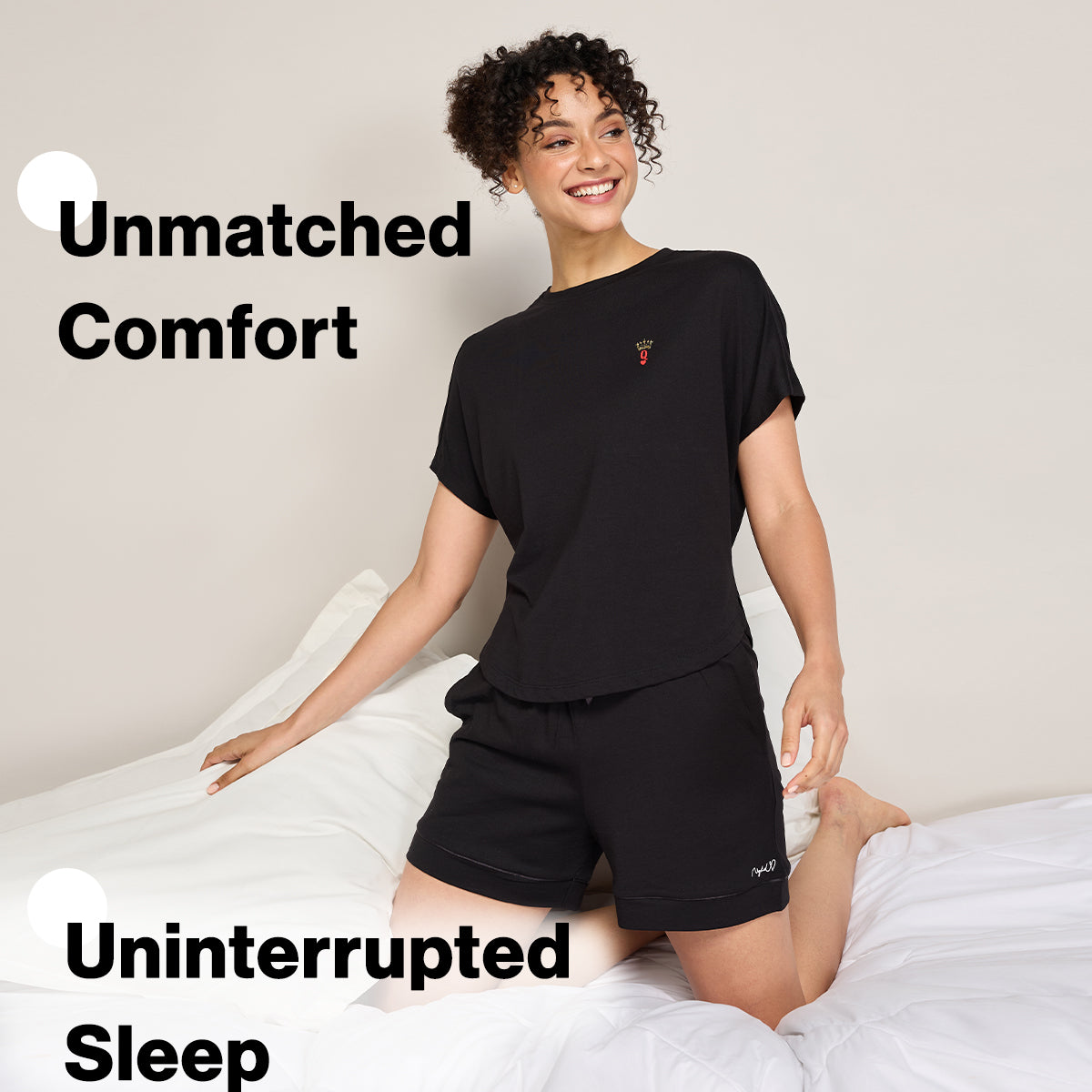 NYKD BY NYKAA BUTTERY SOFT MODAL COTTON SHORTS COORD SET WITH ROUND NECK GRAPHIC TEE NYS940 BLACK