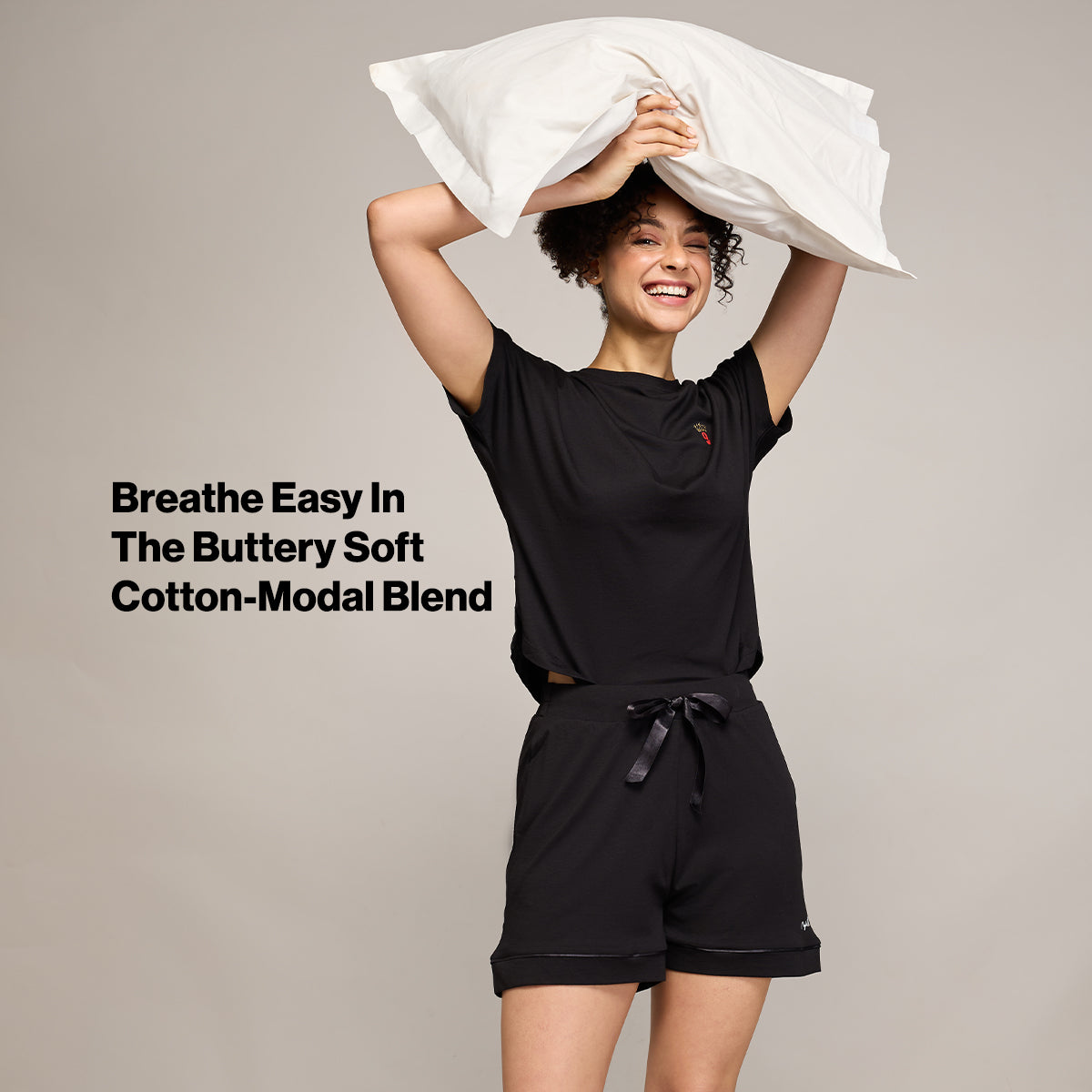 NYKD BY NYKAA BUTTERY SOFT MODAL COTTON SHORTS COORD SET WITH ROUND NECK GRAPHIC TEE NYS940 BLACK