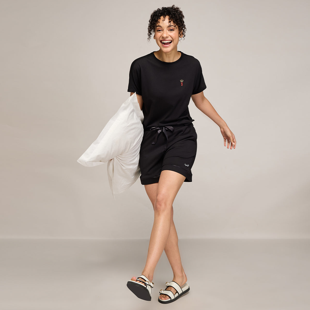 NYKD BY NYKAA BUTTERY SOFT MODAL COTTON SHORTS COORD SET WITH ROUND NECK GRAPHIC TEE NYS940 BLACK