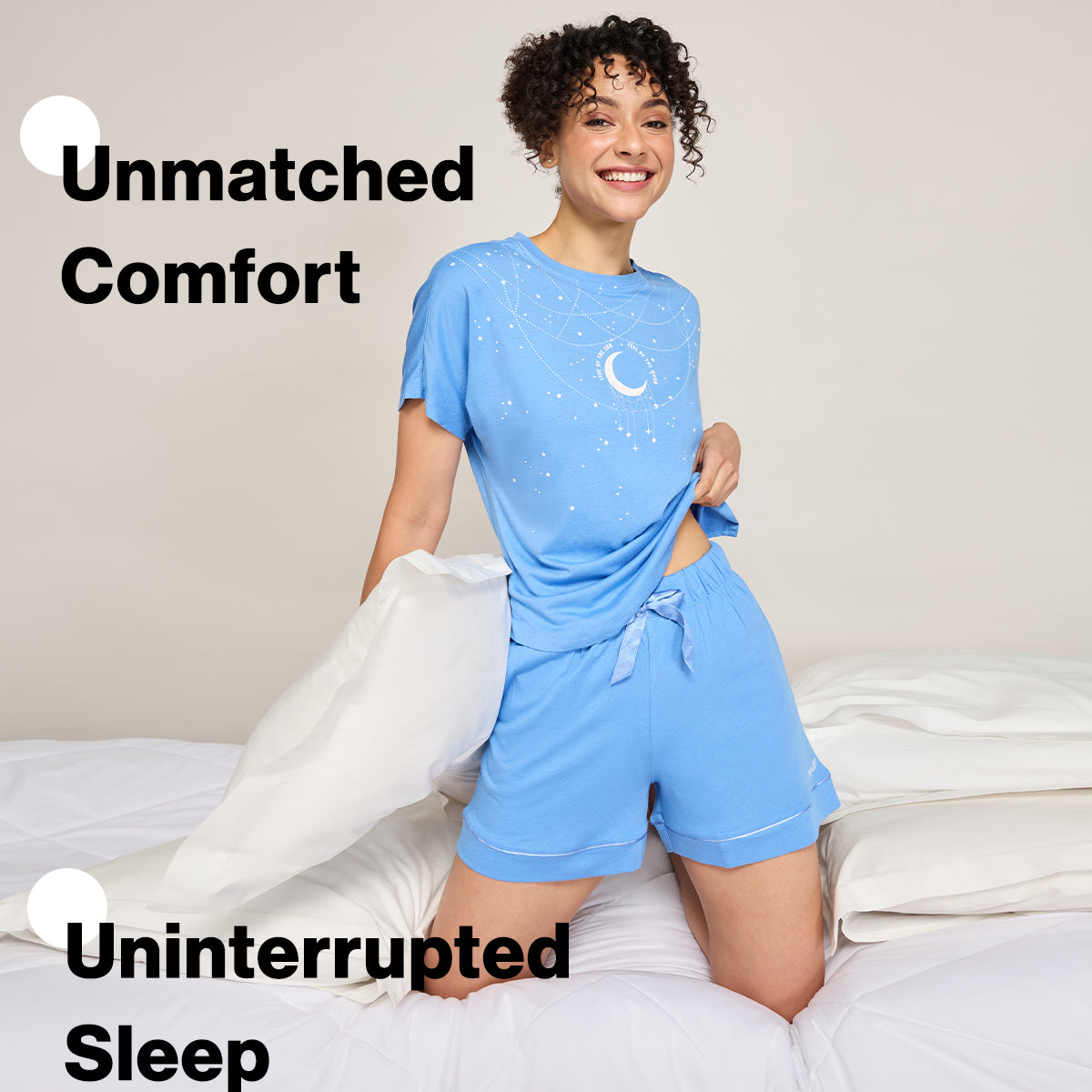 NYKD BY NYKAA BUTTERY SOFT MODAL COTTON SHORTS COORD SET WITH ROUND NECK GRAPHIC TEE NYS940 BLUE