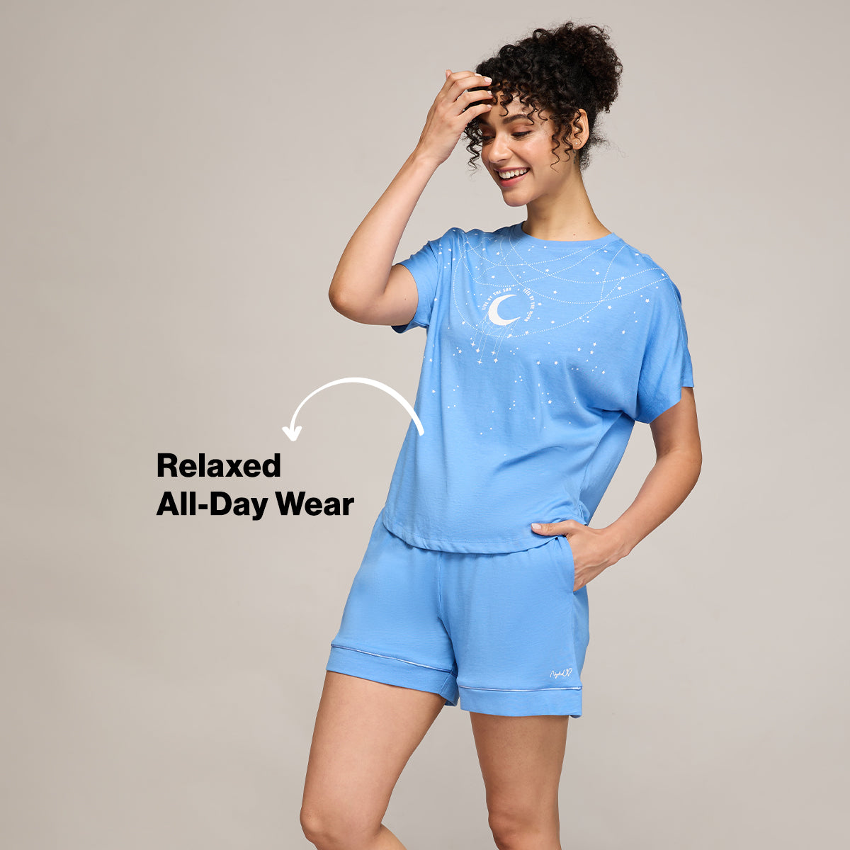 NYKD BY NYKAA BUTTERY SOFT MODAL COTTON SHORTS COORD SET WITH ROUND NECK GRAPHIC TEE NYS940 BLUE